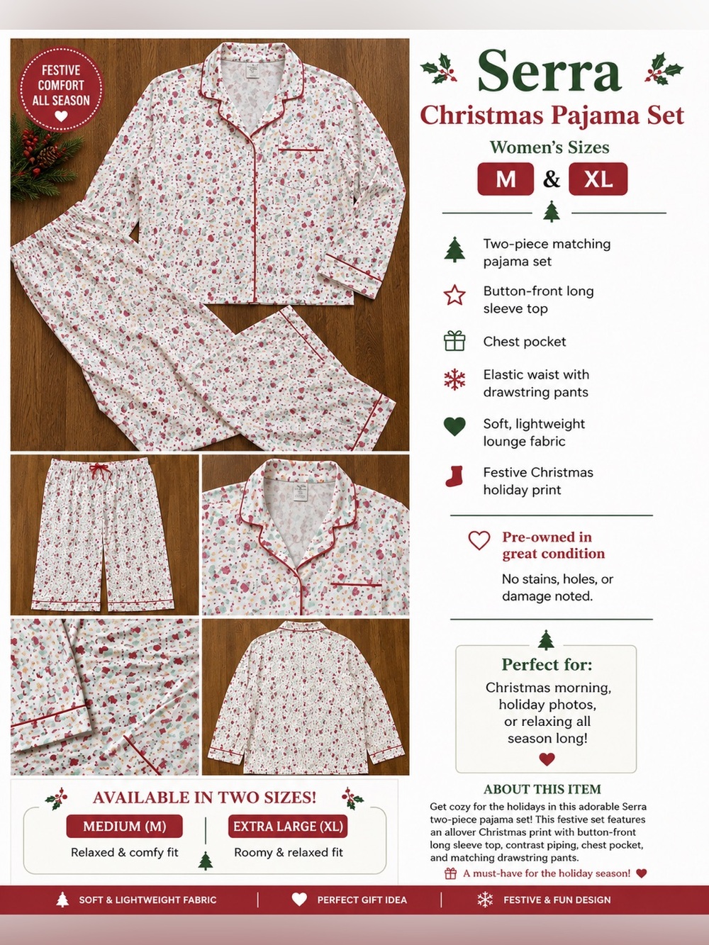 Serra Christmas Pajama Set Medium or XL Holiday Button Front Lounge Sleepwear